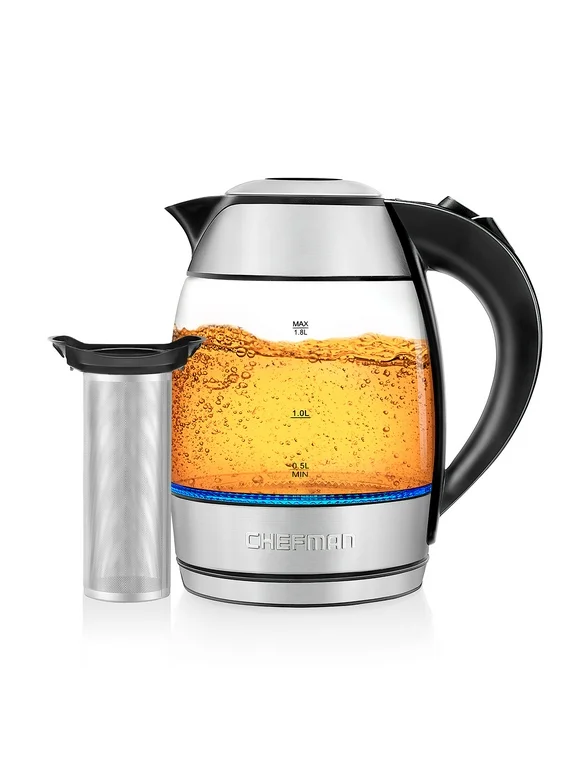 Chefman Fast Boiling 1.8L Electric Glass Kettle, Removable Tea Infuser, LED Lights, Stainless Steel