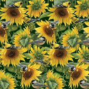 David Textiles Cotton Fabric Sunflowers and Birds 44 Inches