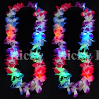 2 Lei Hawaiian LED Luau Necklace Flashing Rave Blinking Flower Vacation Glow