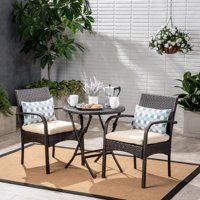 Kevin Outdoor 3 Piece Wicker Bistro Set, Multi Brown with Cream Cushion