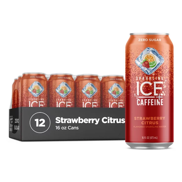 Sparkling Ice +Caffeine Zero Sugar Flavored Sparkling Water, Strawberry Citrus Sparkling Water, 16 Fl Oz, 12 Count Bottles