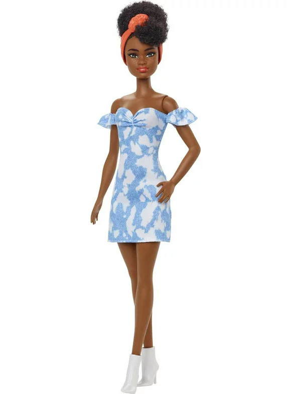 Barbie Fashionistas Doll #185 in Bleached Denim Dress with Black Up-do Hair & Accessories