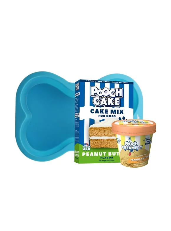 Pooch Cake Gift Set for Dogs: Peanut Butter Cake, Peanut Butter Ice Cream & Silicone Baking Pan