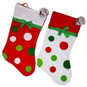 Christmas Stocking Round Polka Dots White Red- 2 Pc Holiday Seasonal Novelty Treats Neighbors Decoration Hanging Loop