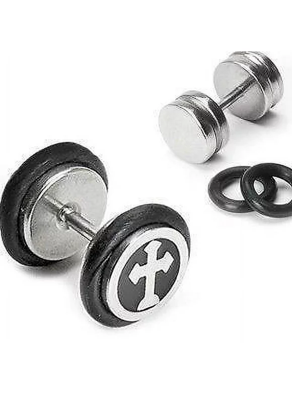 Earrings Rings Fake Cheater Gothic Cross Plug 16 Gauge  Pair 16g 1/4" stainless steel barbell
