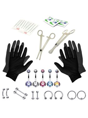 35PCS Professional Piercing Kit Stainless Steel 14G Double CZ Belly Navel Ring Set