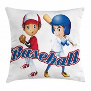 Kids Sports Throw Pillow Cushion Cover, Baseball Player Boys Pitching Champions Winner Olympics Competition, Decorative Square Accent Pillow Case, 20 X 20 Inches, Cobalt Blue Red White, by Ambesonne