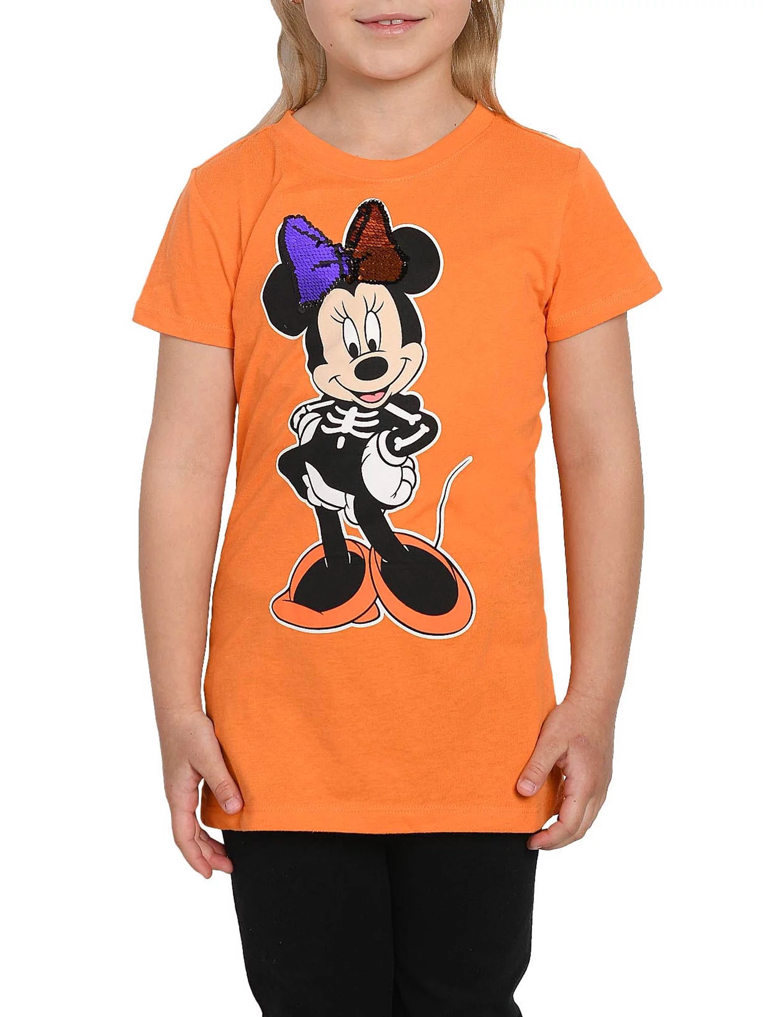 Girls Disney Minnie Mouse Skeleton T-Shirt Orange Reversible Sequins
