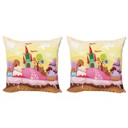 Cartoon Throw Pillow Cushion Cover Pack of 2, Kids Castle Landscape with Donuts Muffins Ice Cream Nursery Image, Zippered Double-Side Digital Print, 4 Sizes, Sand Brown and Pink, by Ambesonne