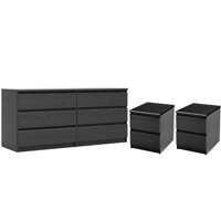 3 Piece Bedroom Set with 6 Drawer Double Dresser and Two 2 Drawer Nightstands in Black Woodgrain