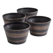 Fox Valley Traders Realistic Wood-Look Barrel Planters, Lightweight Durable Plastic, Set of 4, Each 8 High x 13" dia.