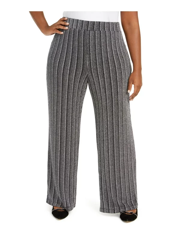 JM COLLECTION Womens Silver Stretch Metallic Pull-on Style Striped Evening Wide Leg Pants Plus 1X