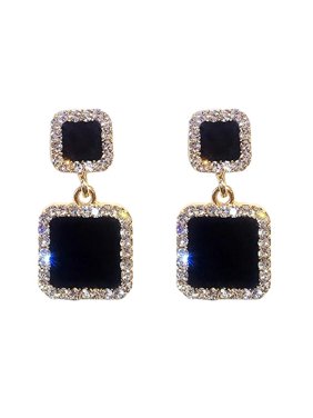 Dazzling Golden Black Square Geometric Crystal Luxury Wedding Rhinestone Earrings For Women  Fashion Jewelry