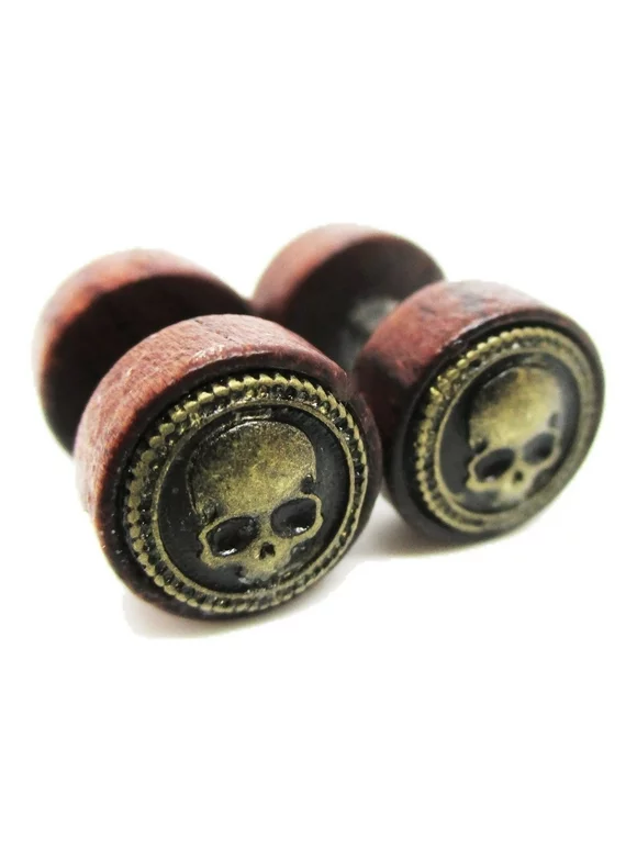 Organic Wood w/ Metal Skull Emblem Stud Post Earrings - New - Pair!