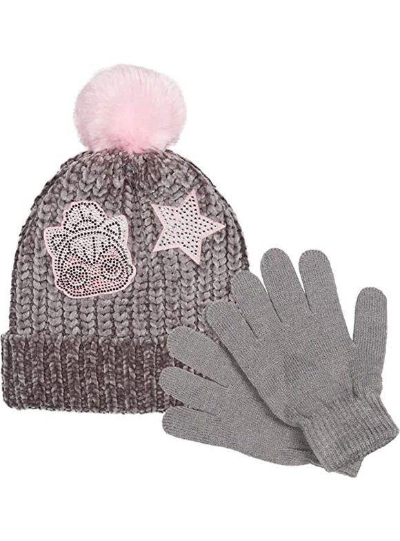 LOL Surprise Girls Hat and Gloves Chenille Beanie with Pompom Butter Soft 2pc Set