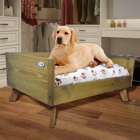 Raised Wooden Pet Bed with Removable Cushion - Rustic Brown - Large