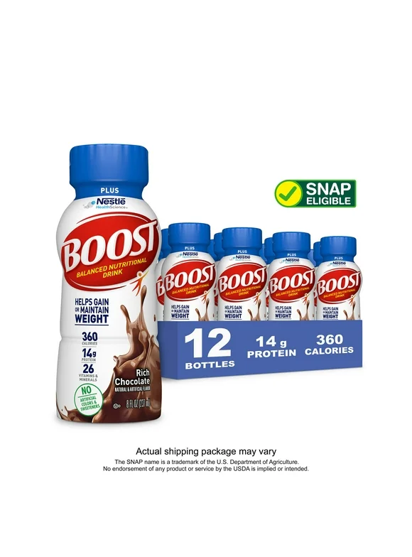 BOOST PLUS Nutritional Drink, Rich Chocolate, 14g Protein, 12-8 fl oz Bottles