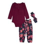 Miniville Baby Girls' Bodysuit, Floral Pants & Headband Outfit, 3-Piece Set