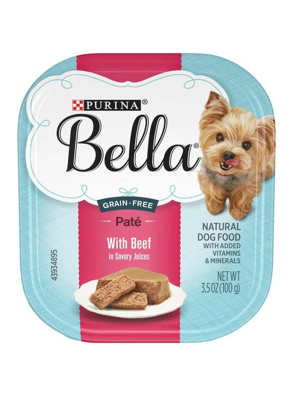 Purina Bella Grain Free Natural Small Breed Pate Wet Dog Food, With Beef in Savory Juices, 3.5 oz. Tray