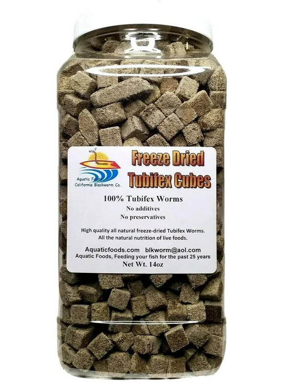 14oz Freeze Dried Tubifex Worm Cubes. 100% Tubifex Worms for All Tropical Fish, Marine Fish, Land & Aquatic Turtles. Aquatic Foods Premium Freeze Dried Tropical Fish Foods. 14oz-Jar