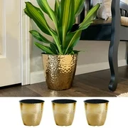 3-Pack 10 Inch Round Metallic Hammered Plastic Flower Pot Garden Potted Planter for Indoors or Outdoors, Gold