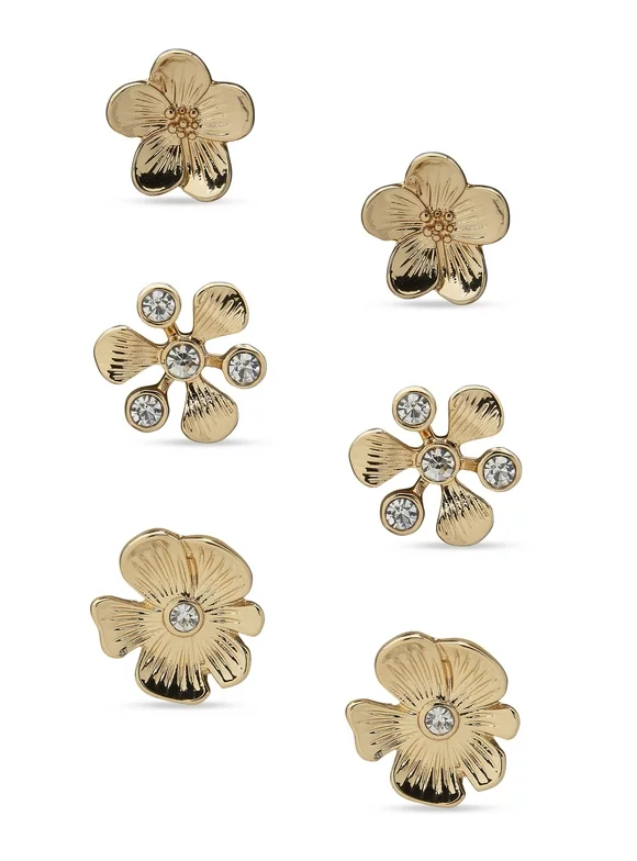 Gloria Vanderbilt Gold Tone and Clear Stone Flower Stud Earrings, Set of 3