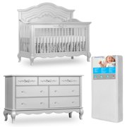 Evolur Aurora 5-in-1 Convertible Crib and Double Dresser in Akoya Grey Pearl with FREE 260 Coil Crib/Toddler Mattress