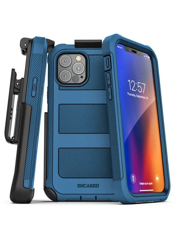 Encased Apple iPhone 12 Pro Max Case with Screen Protector and Belt Clip (Falcon) Protective Full Body Cover with Build-in Screen Guard and Holster - Navy Blue