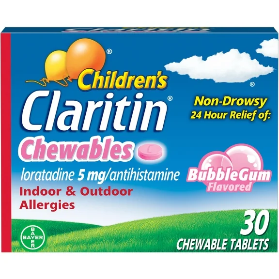 Claritin Allergy Medicine for Kids, Loratadine Antihistamine Bubblegum Chewable Tablets, 30 Ct