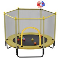 5FT Kids Trampoline with Safety Enclosure Net, Toddlers Outdoor Indoor Mini Recreational Trampoline with Basketball Hoop, Pure Yellow