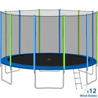 Kids Trampoline with Safety Enclosure Net, 16FT Outdoor Trampoline with Ladder and 12 Wind Stakes, 330lbs Weight Capacity, Round Recreational Trampoline for Kids & Adults