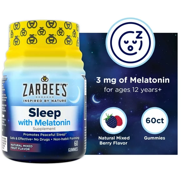 Zarbee's Sleep 3mg Melatonin Gummies, Natural Mixed Fruit Flavor, 60ct