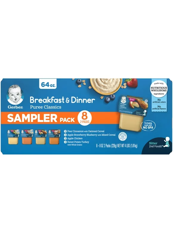 Gerber 2nd Foods Breakfast & Dinner Puree Classics Baby Food, Variety Pack, 4 oz Tub (16 Pack)