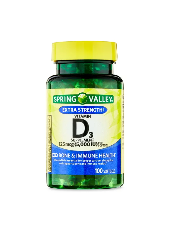 Spring Valley Vitamin D3 Softgels, 5000 IU, 100 Count