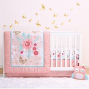 The Peanutshell, Aflutter Butterfly Floral Crib Bedding Set for Baby Girls, 3 Piece Pink Nursery Bed Set in Pink
