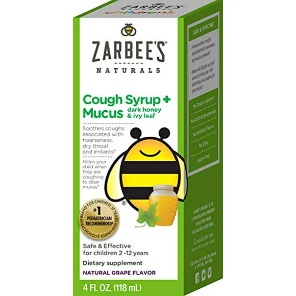 Zarbee's Children's Cough Syrup + Mucus with Dark Honey, Vitamin C, Zinc & Ivy Leaf Extract, Drug & Alcohol-Free, Grape Flavor, 4Fl Oz