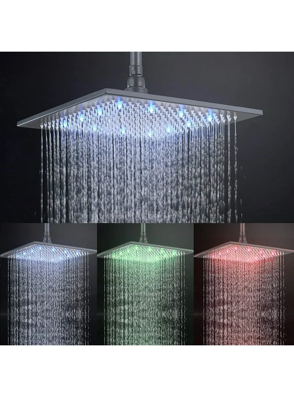 Rozin Matte Black 12" LED Rain Shower Head Stainless Steel Rainfall Showerhead Sprayer