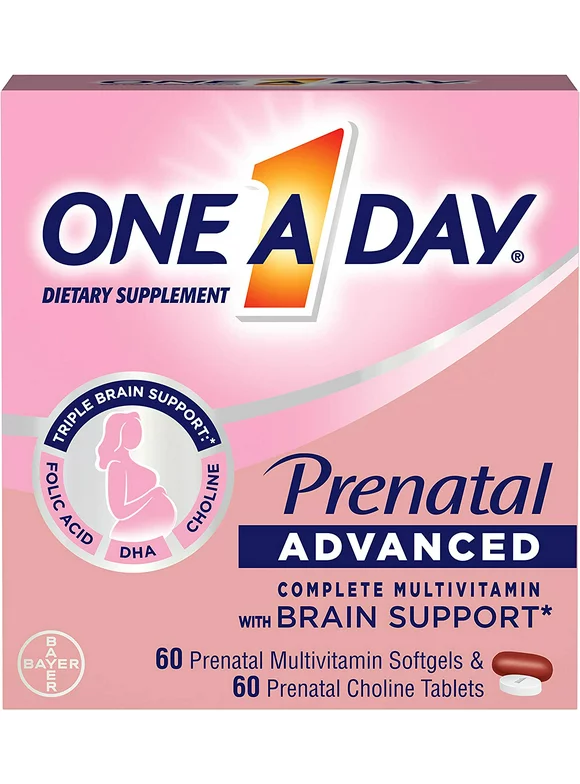 One A Day Womens Prenatal Advanced Complete Multivitamin with Brain Support* with Choline, Folic Acid, Omega-3 DHA & Iron for Pre, During and Post Pregnancy, 60+60 Count (120 Count Total Set)
