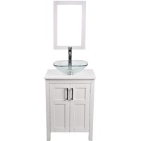 24 inch White Bathroom Vanity and Sink Combo Modern MDF Cabinet with Wall Mounted Vanity Mirror and Water Saving Vessel Sink Chrome Faucet(Square Clear Sink)