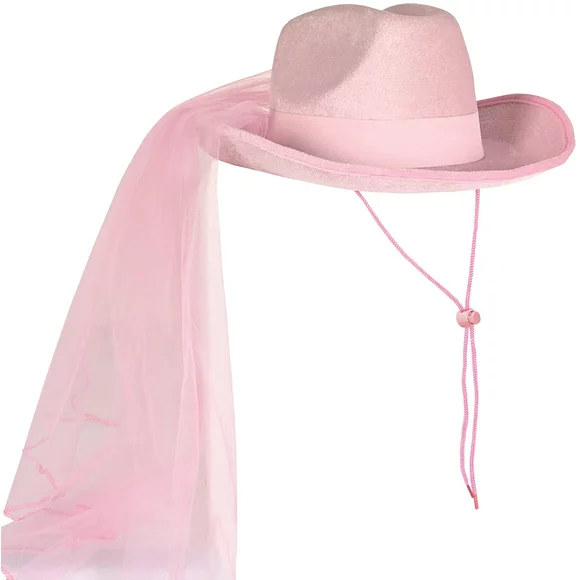 Beistle Cowgirl Fabric Hat and Veil | Ideal for Western Style Bachelorette Parties, Halloween, Festival, Performance, Birthday Costume Party or Novelty Events | Beautiful and Durable | Pink, One Size