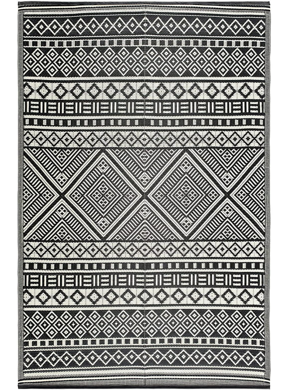 Beverly Rug Aztec Outdoor Rugs 5x7 Waterproof Boho Reversible Plastic Straw Rug Bohemian Outdoor Carpet, Outside Mat for Patio, Camping, Picnic, Porch, Deck, Beach, Pool, Black and White, Texas