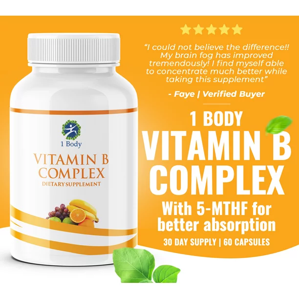 1 Body Vitamin B Complex Supplement 5-MTHF Folate with B1, B2, B5, B6, Methyl B12, Niacin, Biotin