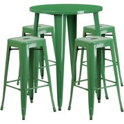 Set of 5 Green Round Metal Indoor or Outdoor Bar Height Table and Square Seat Backless Stool Set 41