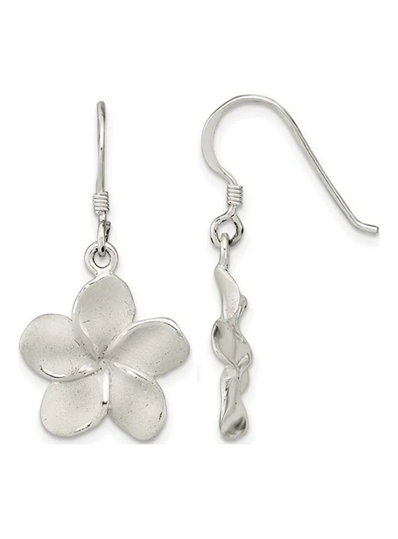Sterling Silver Plumeria Floral Shephard Hook Dangle Earrings