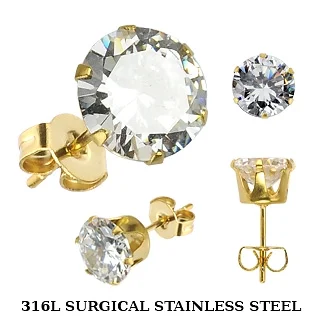 Earrings Prong Clear Round Crystal 5MM 24k Gold Plated Over (316L) Surigcal Steel - 2 Pieces (B/4/6)