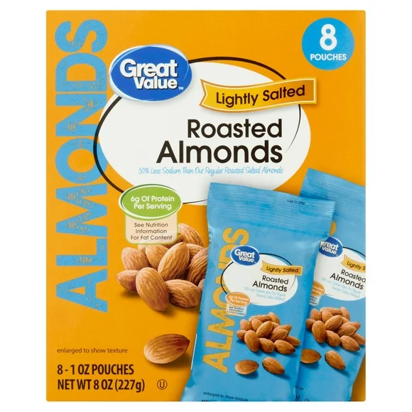 Great Value Lightly Salted Roasted Almonds, 1 oz, 8 Count
