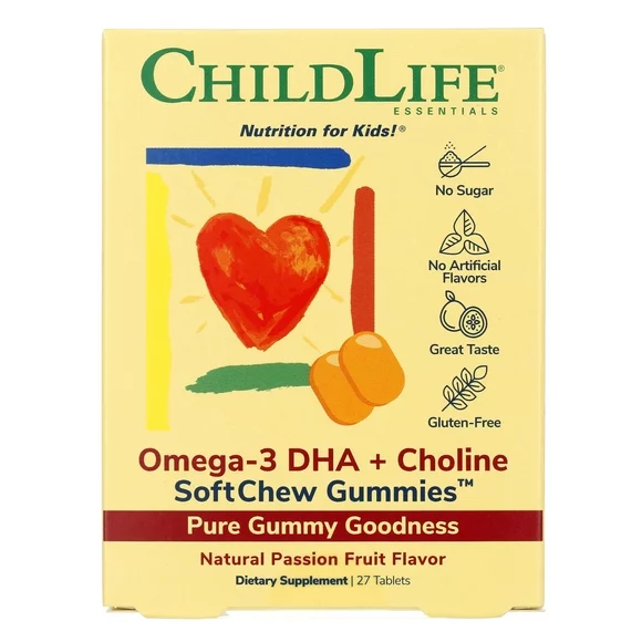 Child Life Essentials Omega-3 DHA with Choline SoftChew Gummies Natural Passion Fruit Flavor, 27 Tablets