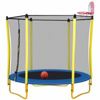 5.5FT Trampoline for Kids, 65" Outdoor and Indoor Mini Toddler Trampoline with Enclosure, Basketball Hoop and Ball Included, Playhouse for Boys and Girls indoor and Outdoor Play