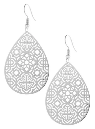 Silver Pear Shaped Moroccan Filigree Laser Cut Earrings