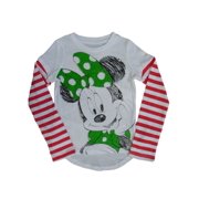 Disney Girls White Glitter Minnie Mouse T-Shirt Striped Tee Shirt XS (4-5)